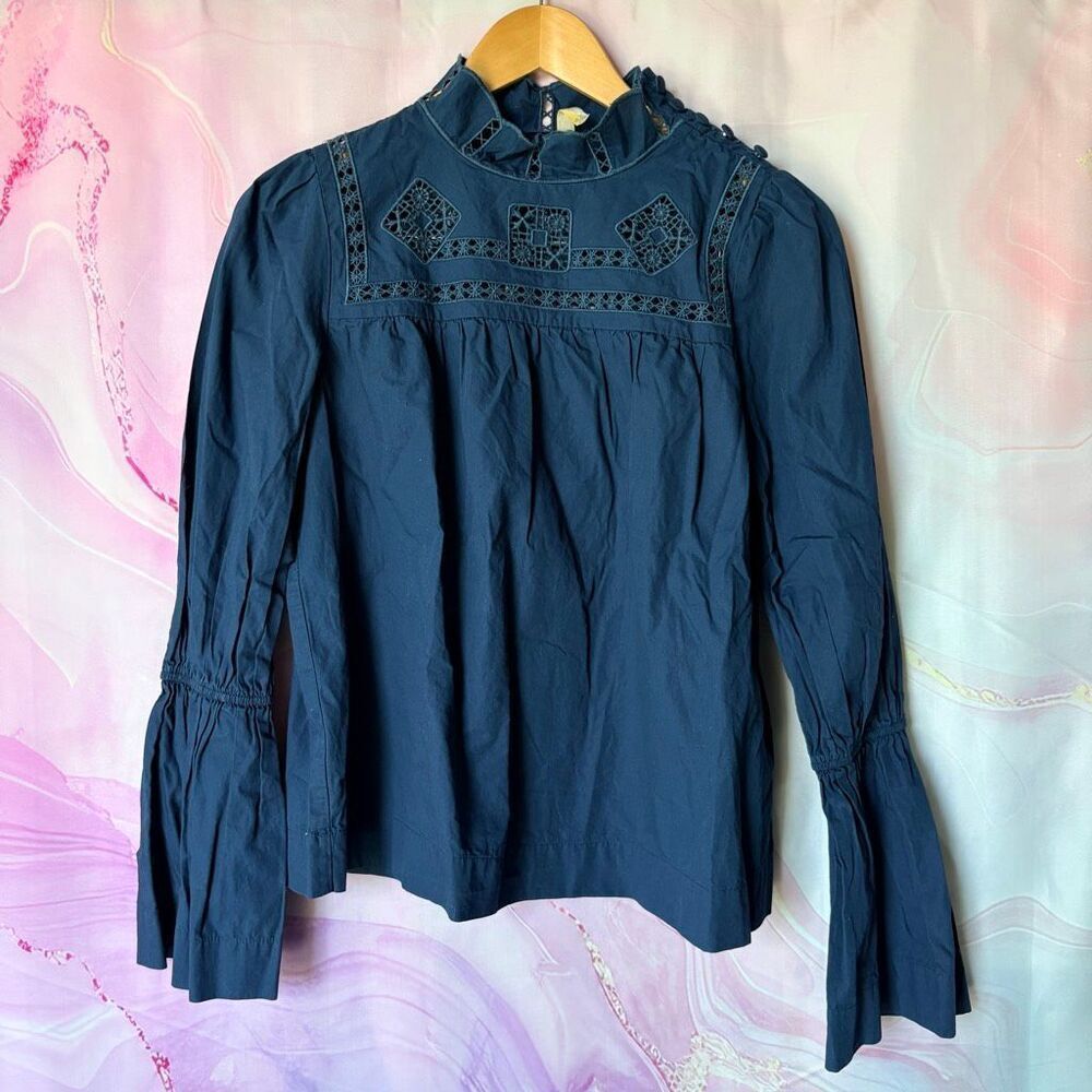 Free People S Blue Victorian High Neck Eyelet Embroidered Blouse Top Boho Preppy